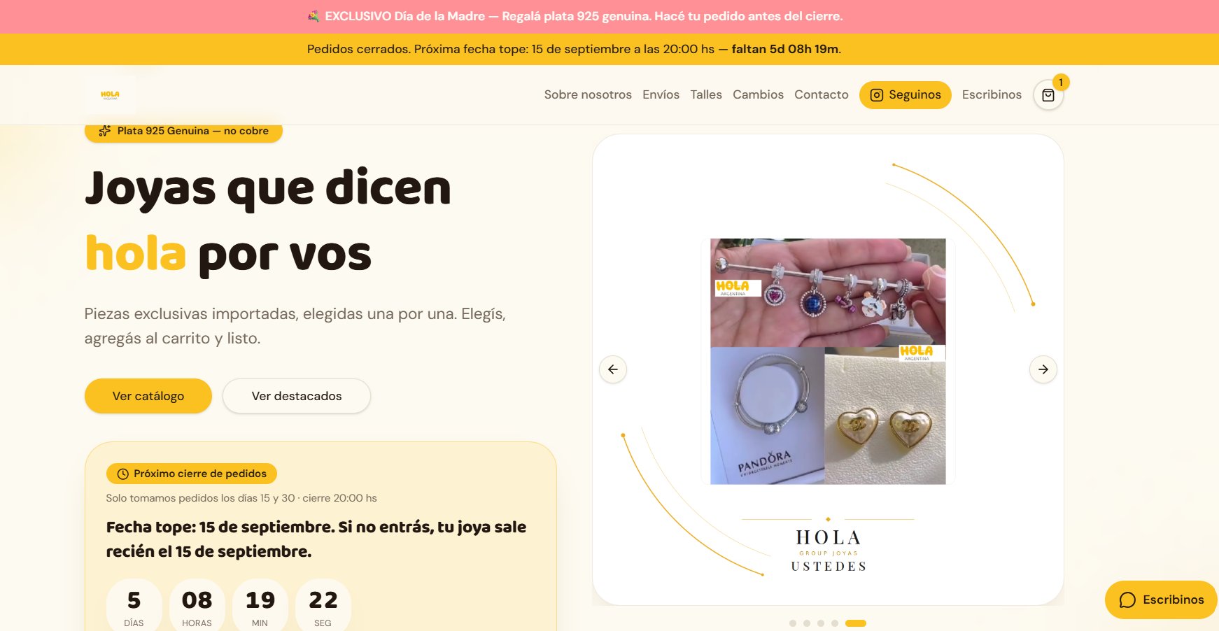 Tienda online de Hola Joyas, e-commerce de joyería en plata 925 desarrollado por Detrax